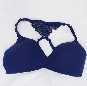 Aerie Real Happy Navy Blue Wireless Bra Racerback Lace Accent Size 38D
